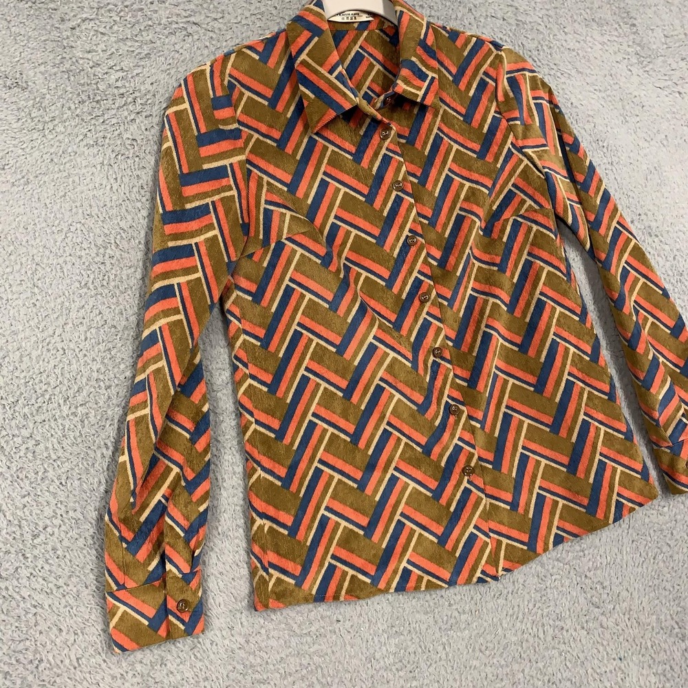 FANSILANEN Shirt Womens XS Multicolor Corduroy Geometric Button Up Long Sleeve - Picture 2 of 16